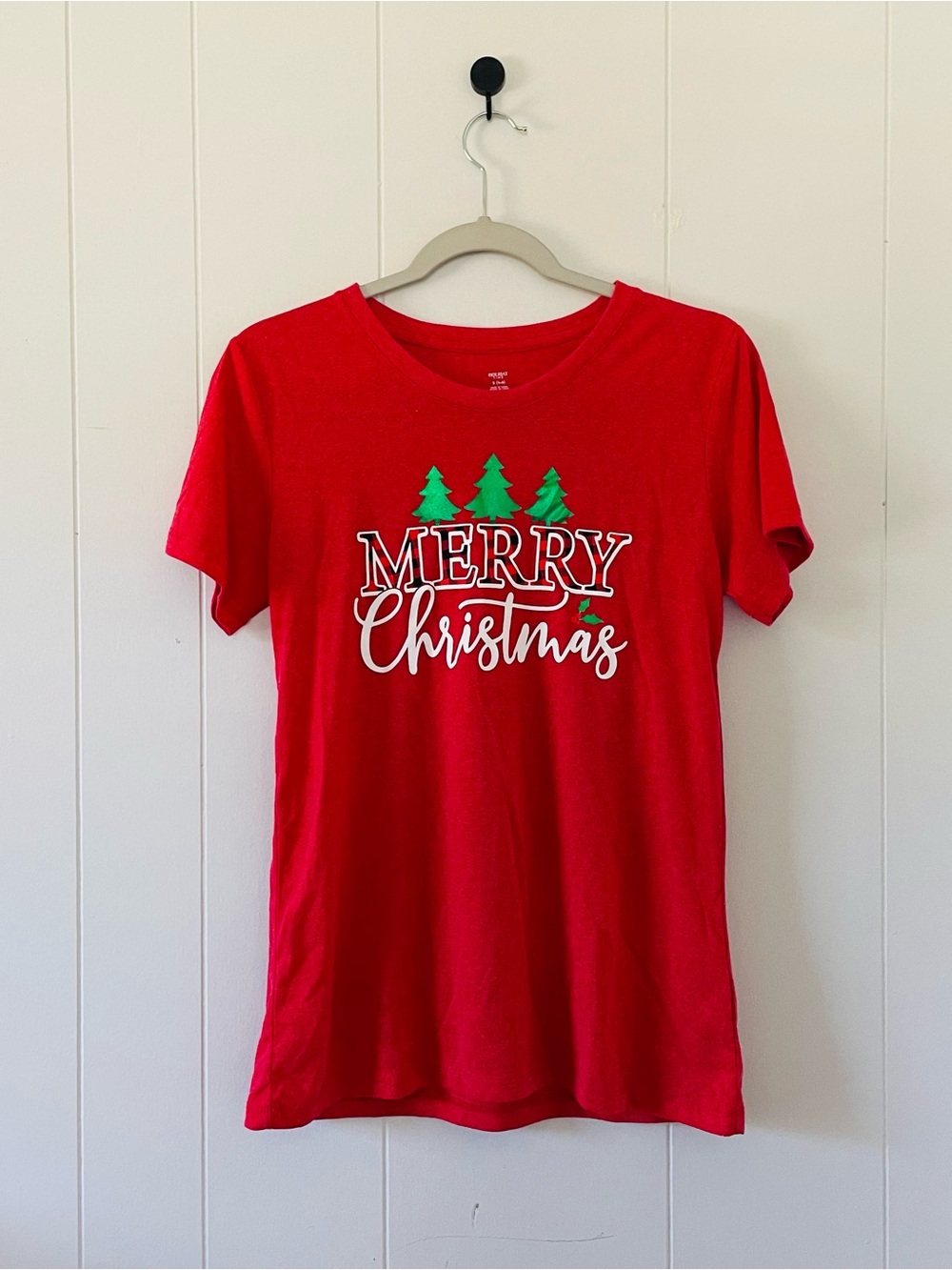 Holiday Time Red Tee with Green Tree Merry Christmas Graphic